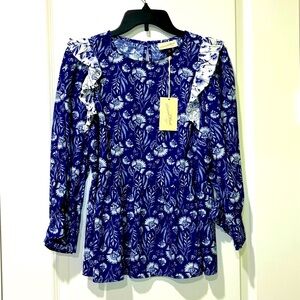 Universal Thread Ruffled Blue and White Floral Prairie Blouse Size XSmall NWT